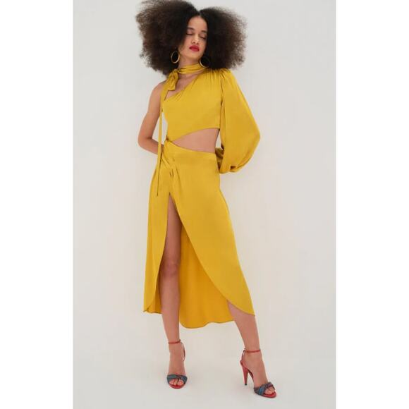 For Love & Lemons Mila Yellow Satin One Shoulder dress NWT